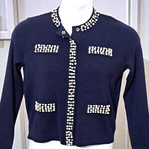 Adrianna Papell Small (4-6) Blue Crew Neck Pearl & Stone Cardigan Sweater NWT